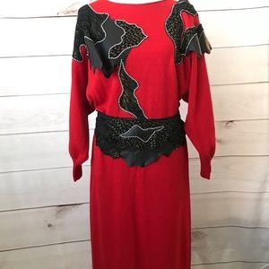 Two Vintage Sonia Dresses 1980's  Handmade Knit Red & Black Dress & Black